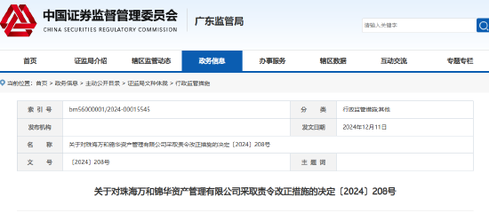 涉多项违规 珠海万和锦华资管被责令改正